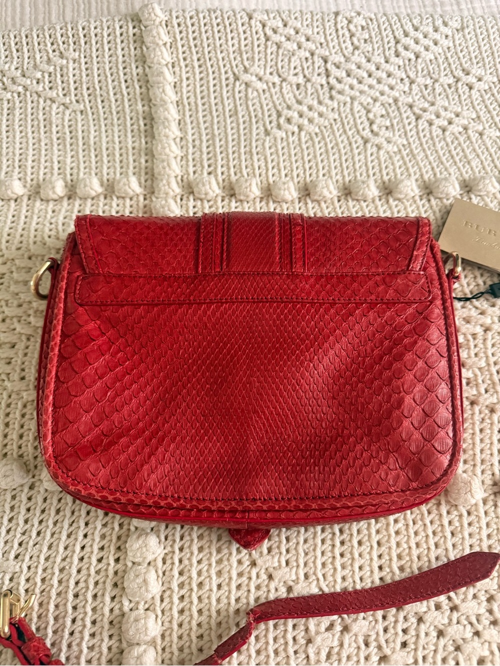 Burberry Red Textured Python-Style Leather Crossbody with Gold Buckle - Picture 3 of 10